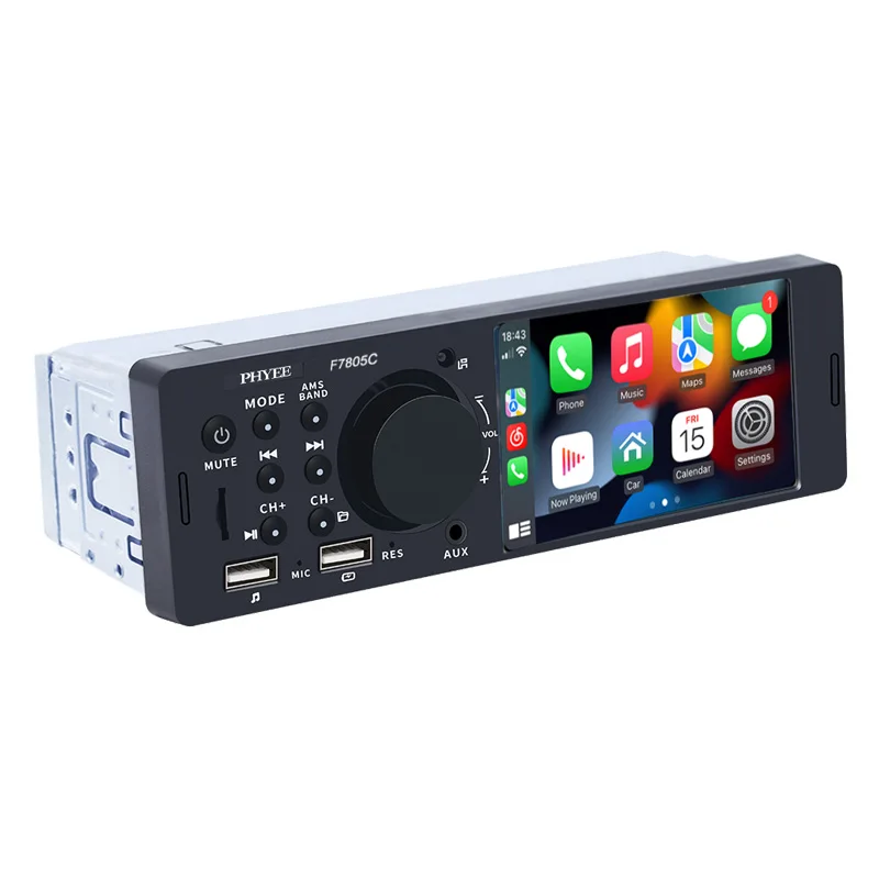 1 Din 4インチCarPlayカーラジオ Bluetooth、Android Auto、MP5