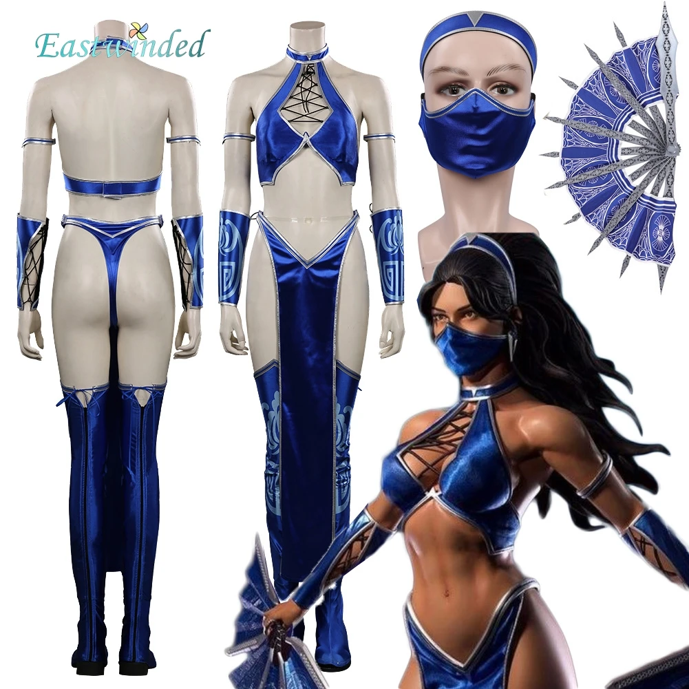 Kitana juego Mortal Kombat 2 Cosplay disfraz azul Bikini máscara accesorios de abanico conjunto de ropa de mujer trajes de fiesta de Carnaval de Halloween