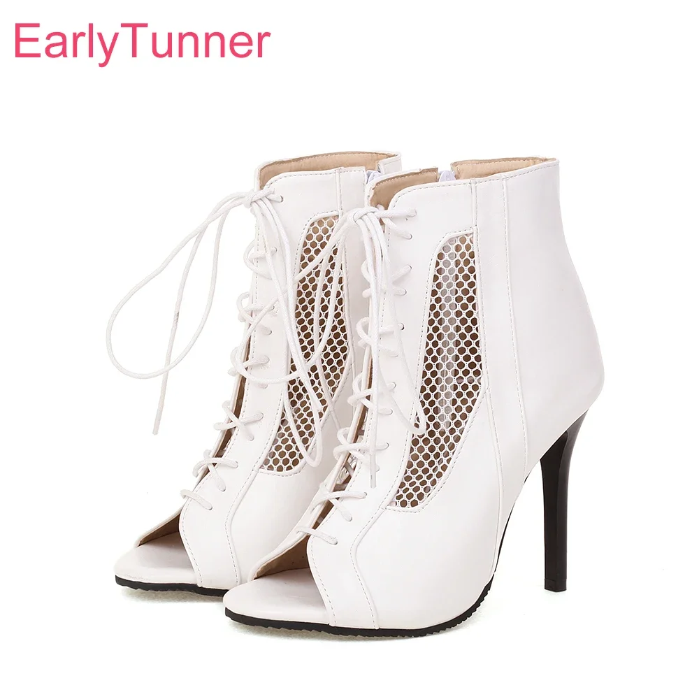 Glamour White Summer Ankle Boots for Women Open Toe High  Stiletto Heel Lady Sandals Small Big Plus Size 12 32 44 48