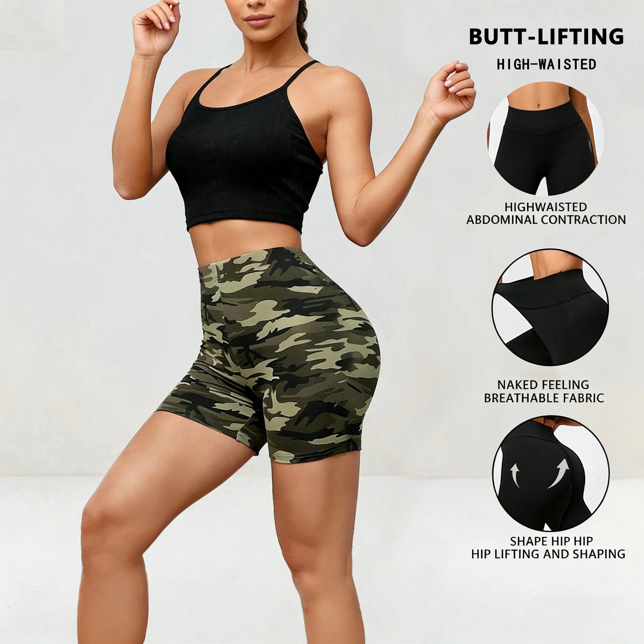 Women's Camouflage Print Leggings Shorts New High Waist Stretch Yoga Shorts Casual Workout Fitness Running Cycling Shorts