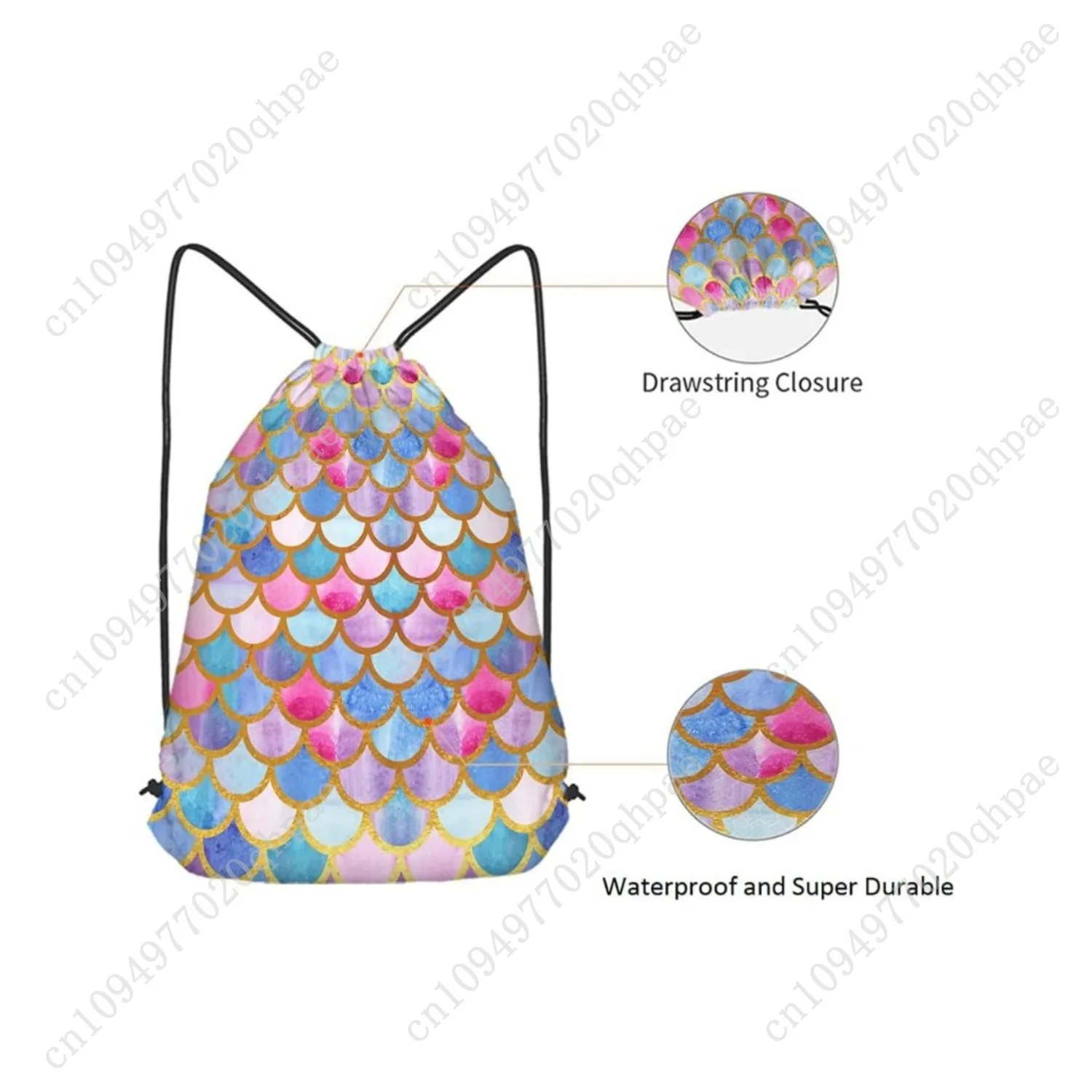Bolsas con cordón de escamas de sirena, mochila, bolsa de acuarela, Animal, pez, patrón de cuento de sirena, diseño moderno, bolsa deportiva para gimnasio con cordón
