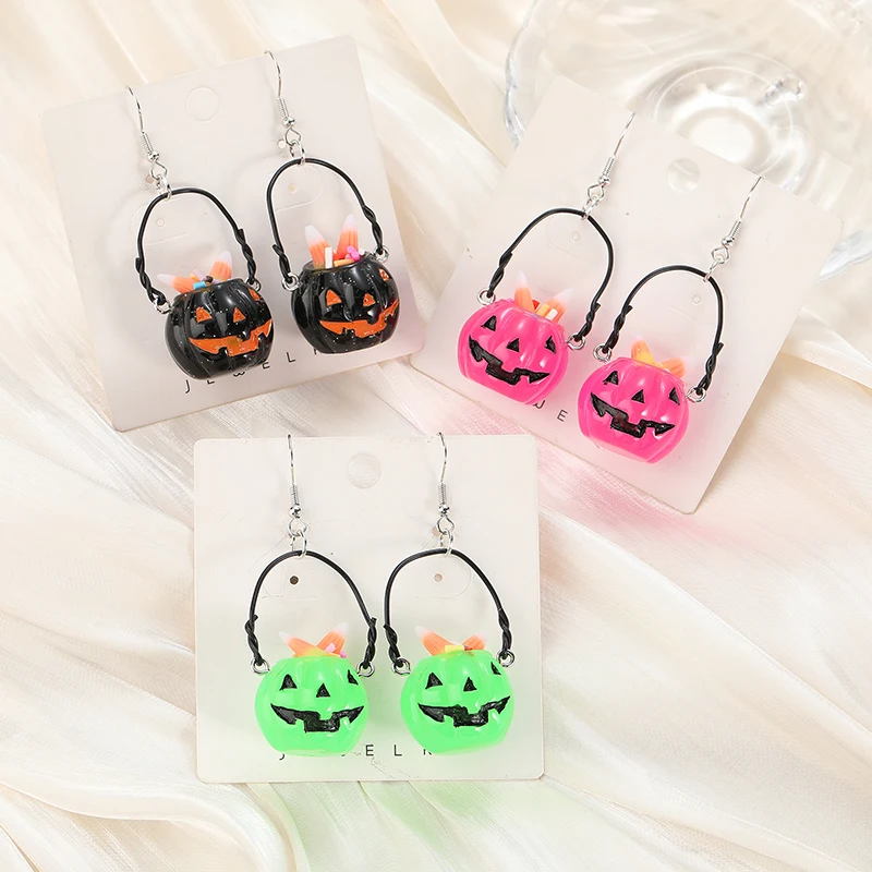 1Pair Fashion Halloween Drop Earrings Resin Pumpkin Basket Jewelry For Girl  and Woman Birthday Gift