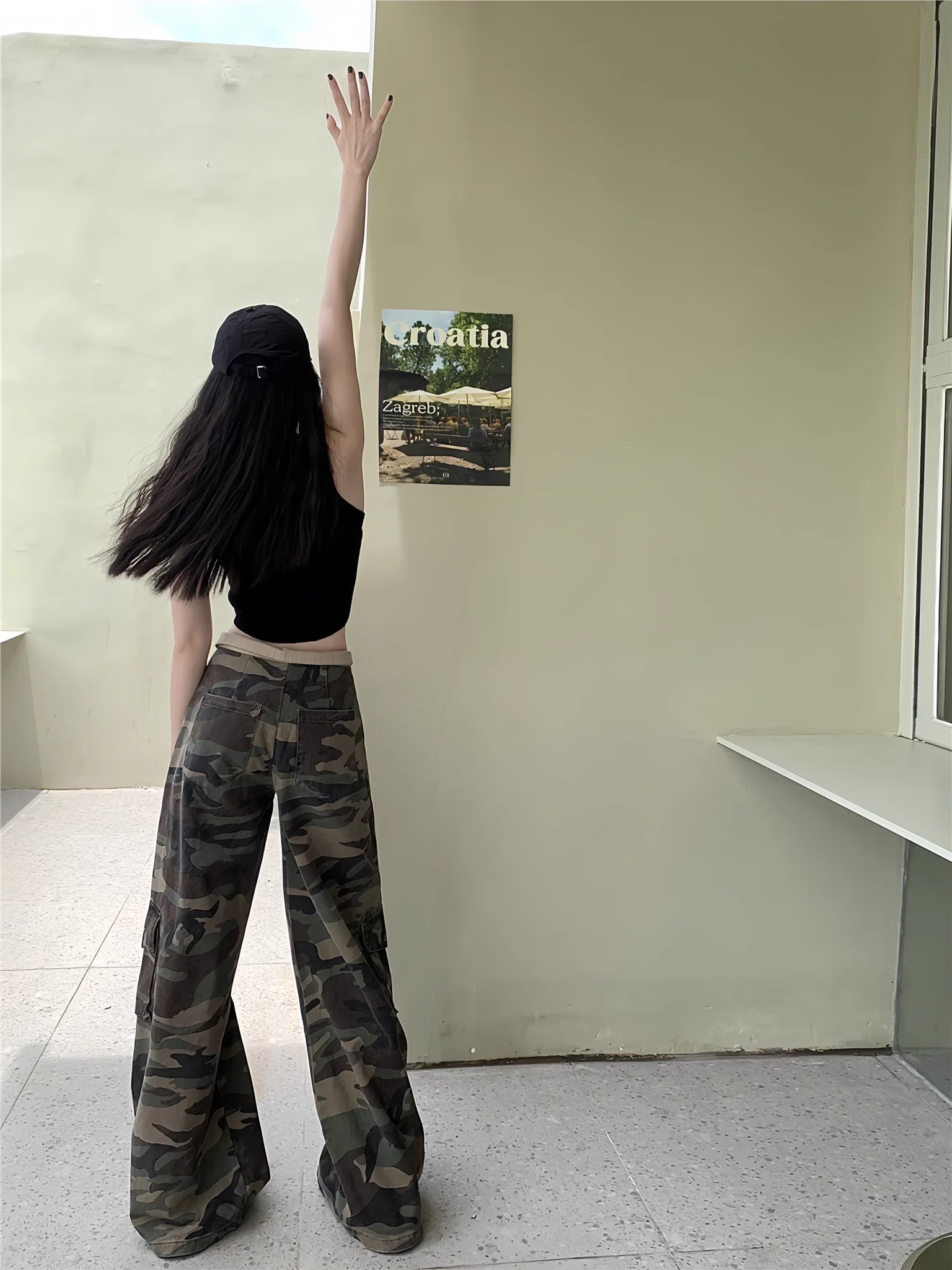 Fashionable Camouflage Wide Leg Jeans Women's Cuffed High Waist Straight Slimming Trousers Street Design Hot Girl Denim Pants