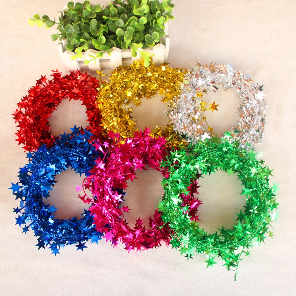 7.5m Christmas Gold Silver Stars Wire Garland Tinsel Hanging Rattan Christmas Tree Ornament Decoration Pendant Xmas Party Ribbon