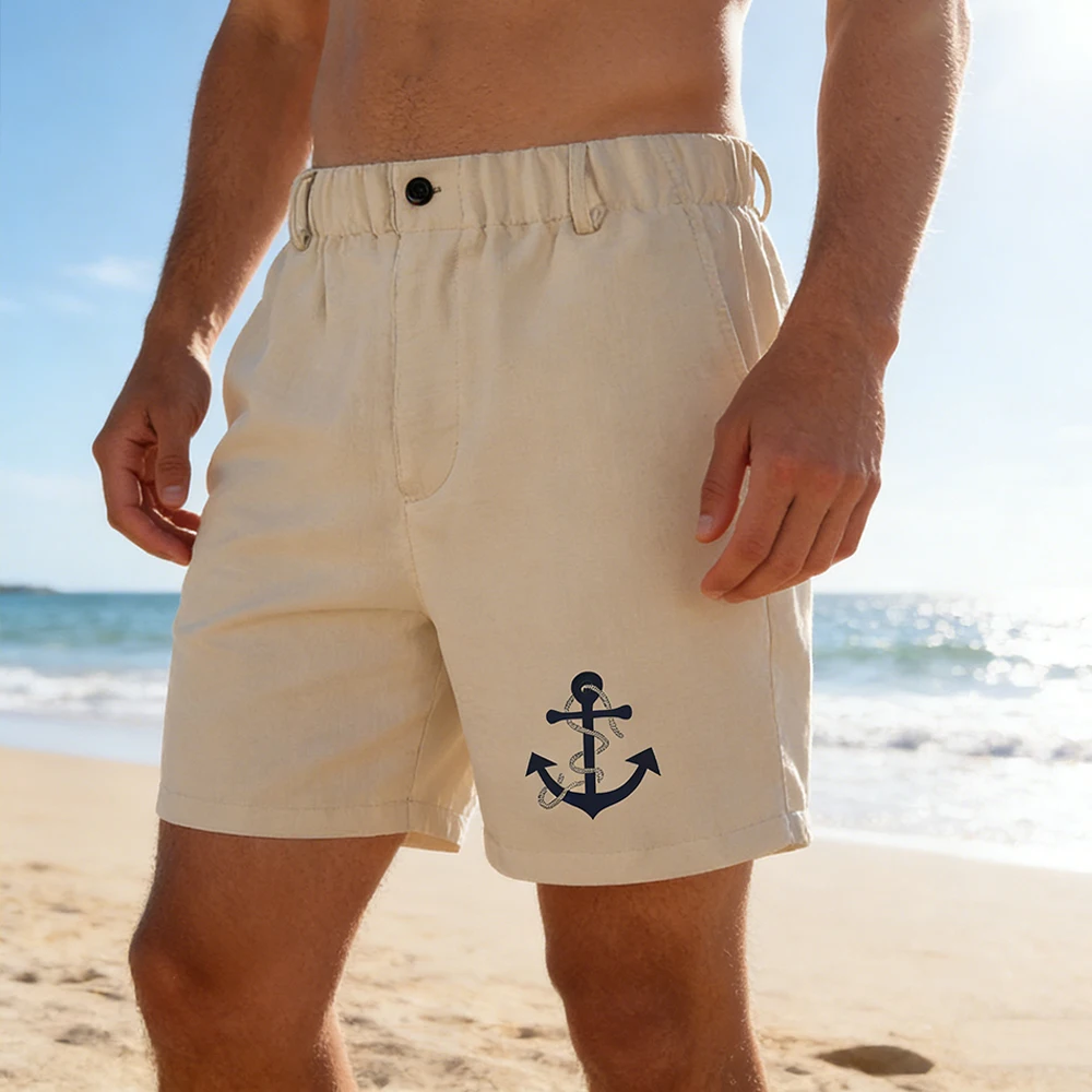 

Мужские шорты с принтом морского якоря, бежевые, под лен, для летнего пляжного отдыха, повседневные, дышащие, с эластичным поясом