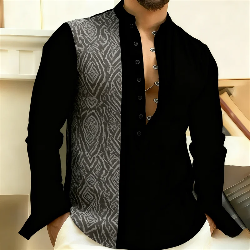 

Men's Long Sleeve Ethnic Geometric Print Shirt | Mandarin Collar Slim Fit | Bright Green Pattern | Business Casual Formal Blouse