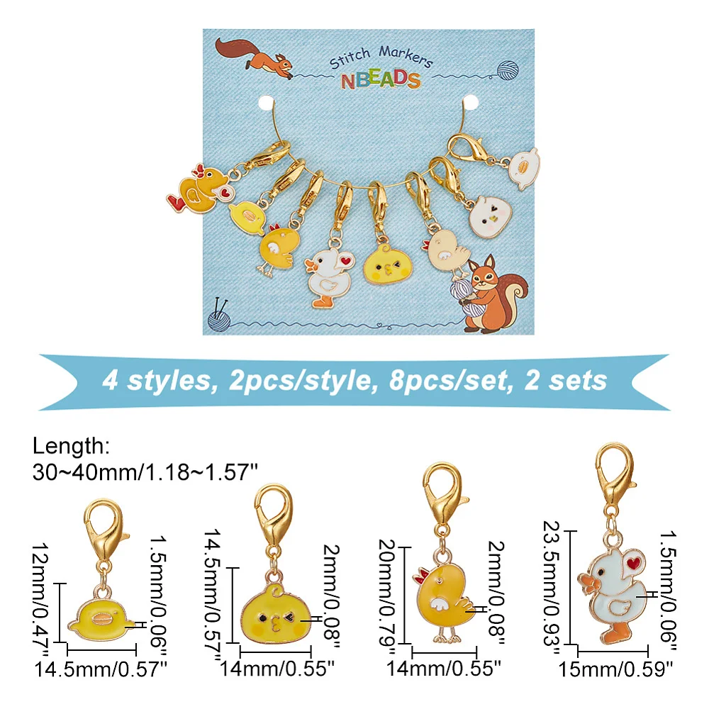 16PCS Chick & Duck Stitch Markers Alloy Enamel Crochet Lobster Clasp Charms Locking Stitch Marker with Wine Glass Charm Ring