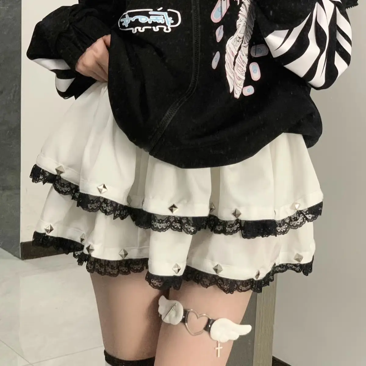 Summer Lace Trim Y2K Cake Skirt Women's Soft Girl High Waist A-Line Skirt Trendy f-length ort Skirt for Teens