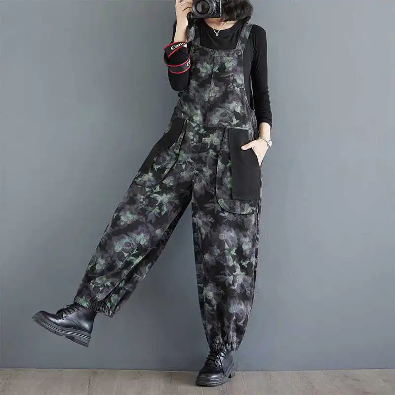 

Vintage Literary Age-Defying Printed Large Pockets Denim Overalls for Women 2026 Spring Autumn Plus Size Slim-Fitting Jumpsuit
