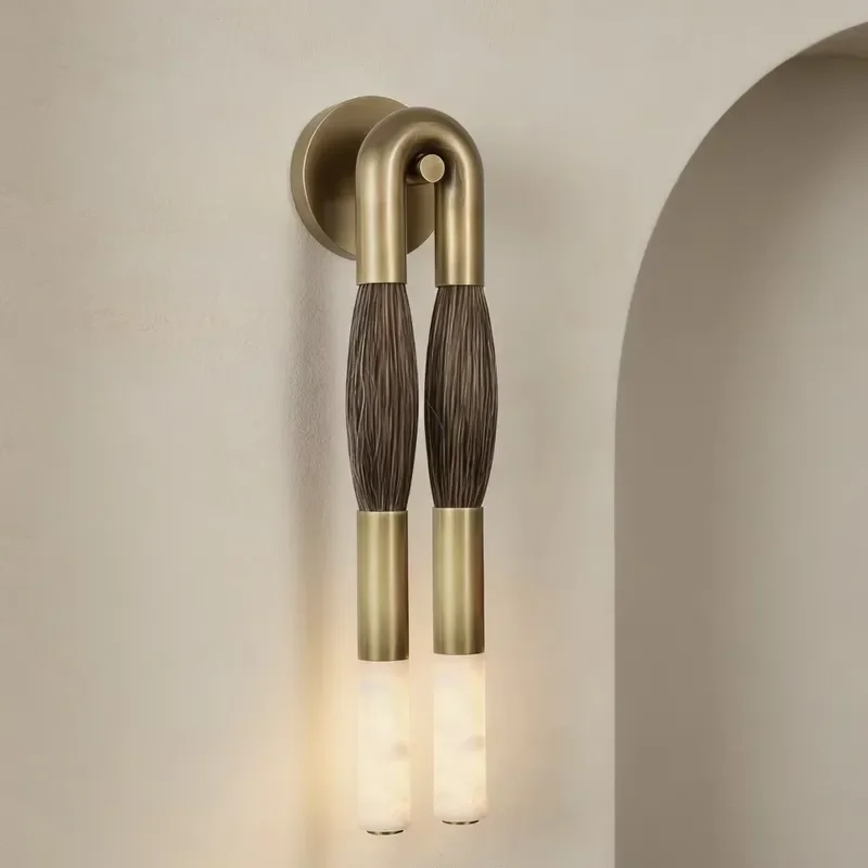 Handmade Brass Horse Hair Wall Lamp with Spanish Alabaster and Acrylic Shade Simple Light Luxury Designer Fixture for Bedroom