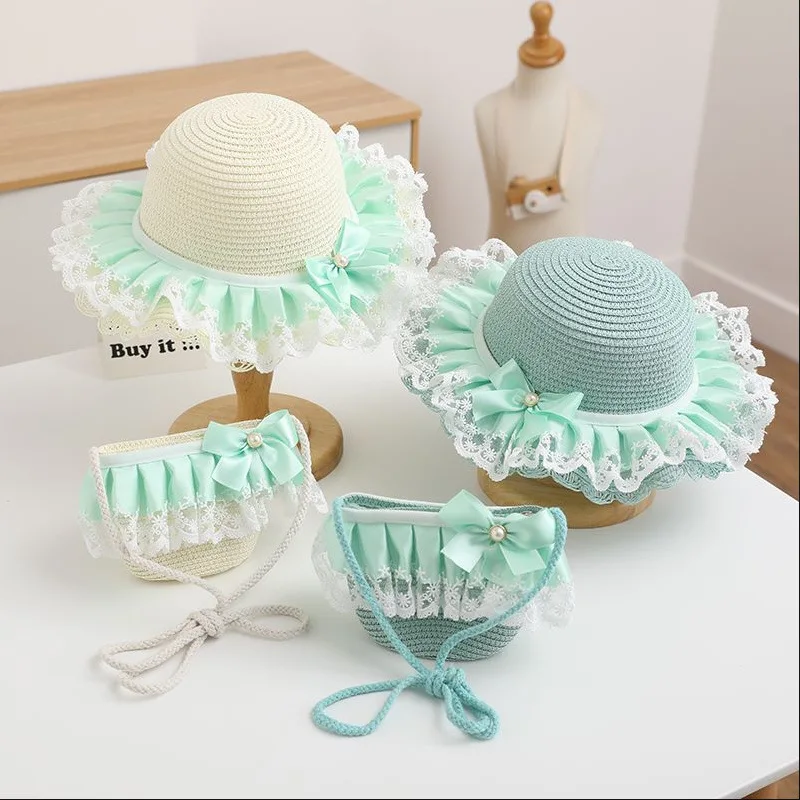 2pcs/sets Girls Straw Hats Kids Shoulder Bags Princess Cute Bowknot Lace Summer Party Caps Children Beach Sunshade Hat & Bag