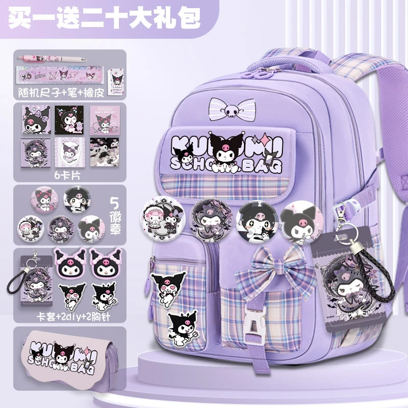 Sanrio Kuromi Schoolbag para meninas novo 2024 mochila escolar leve com proteção de coluna de alto volume para séries 3-9