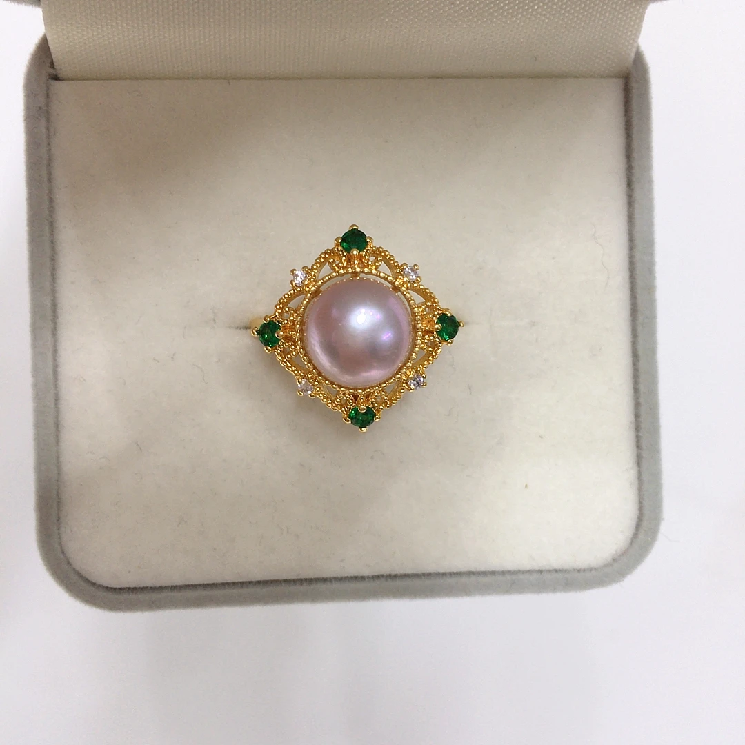 ZHBORUINI 2024 5A High Brightness Natural Freshwater Pearl Ring 10mm Non Core Pearl 14K Genuine Gold Plated Lace Green Zircon