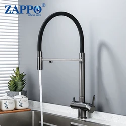 Zappo dourado pull out torneira da pia da cozinha rotação 360 deck montado torneiras de bronze misturador duas saída modo água fria quente misturadora