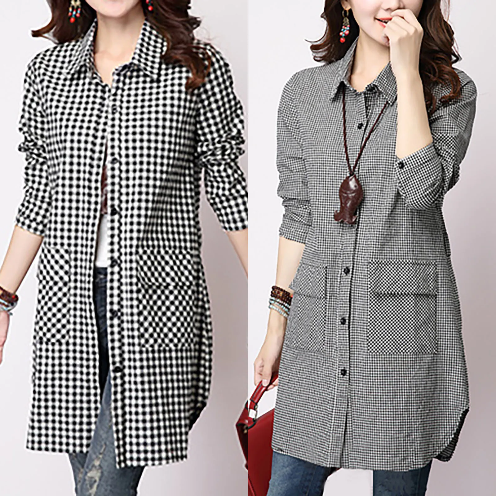 2024 Women's Plaid Pocket Long Sleeve Long Shirt Fashion T-Shirt New Lapel Fashion Casual Lightweight Versatile Daily Shirt