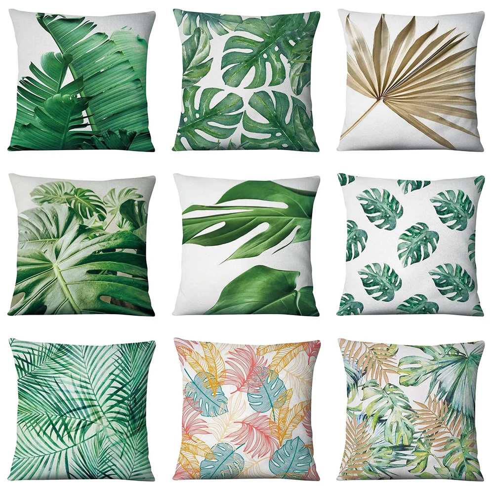 Tropical leaf green pattern Double-sided Printed pillow cover Short plush Suitable living rooms bedrooms throw cushion cover