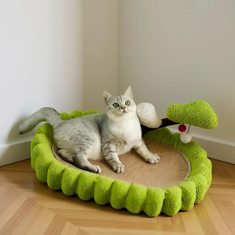 

Hand-Woven Sisal Cat Scratcher Bed, 3-in-1 Functional Design with 2 Pompom Toys, Green Small Tree Design Scratch Post & Lounge,
