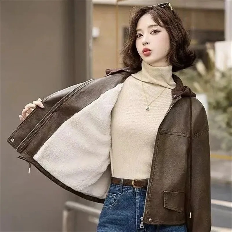 Chaqueta de piel sintética a la moda para mujer, abrigo corto de lana grueso desmontable con capucha, prendas de vestir exteriores, Tops sueltos, chaquetas de calle