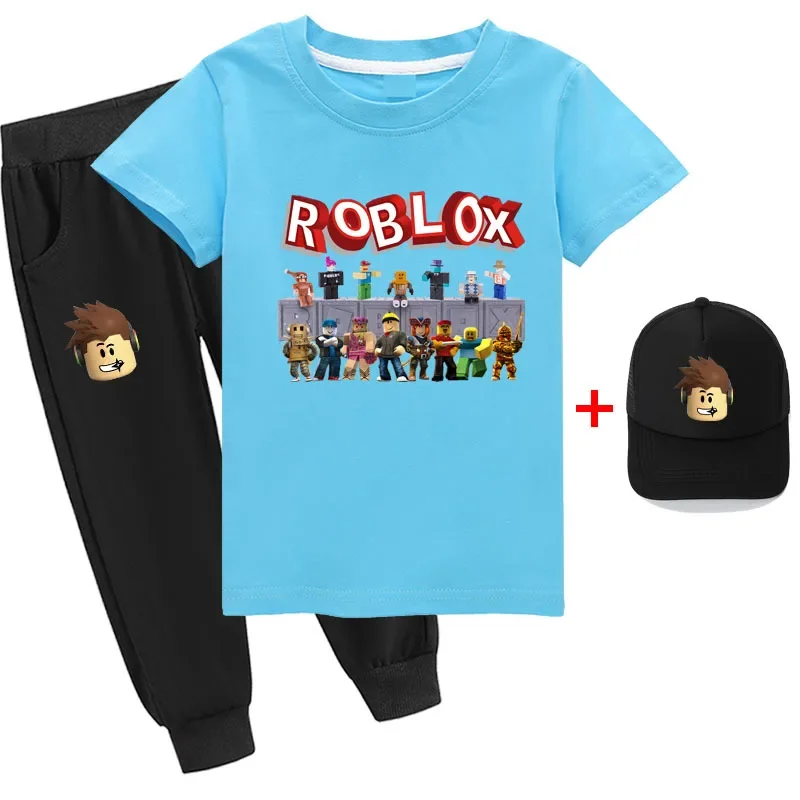 

The New Two-piece Roblox Game Peripheral Two-dimensional Fine Cotton Boys and Girls Short-sleeved T-shirt Suit + Hat Best Gift