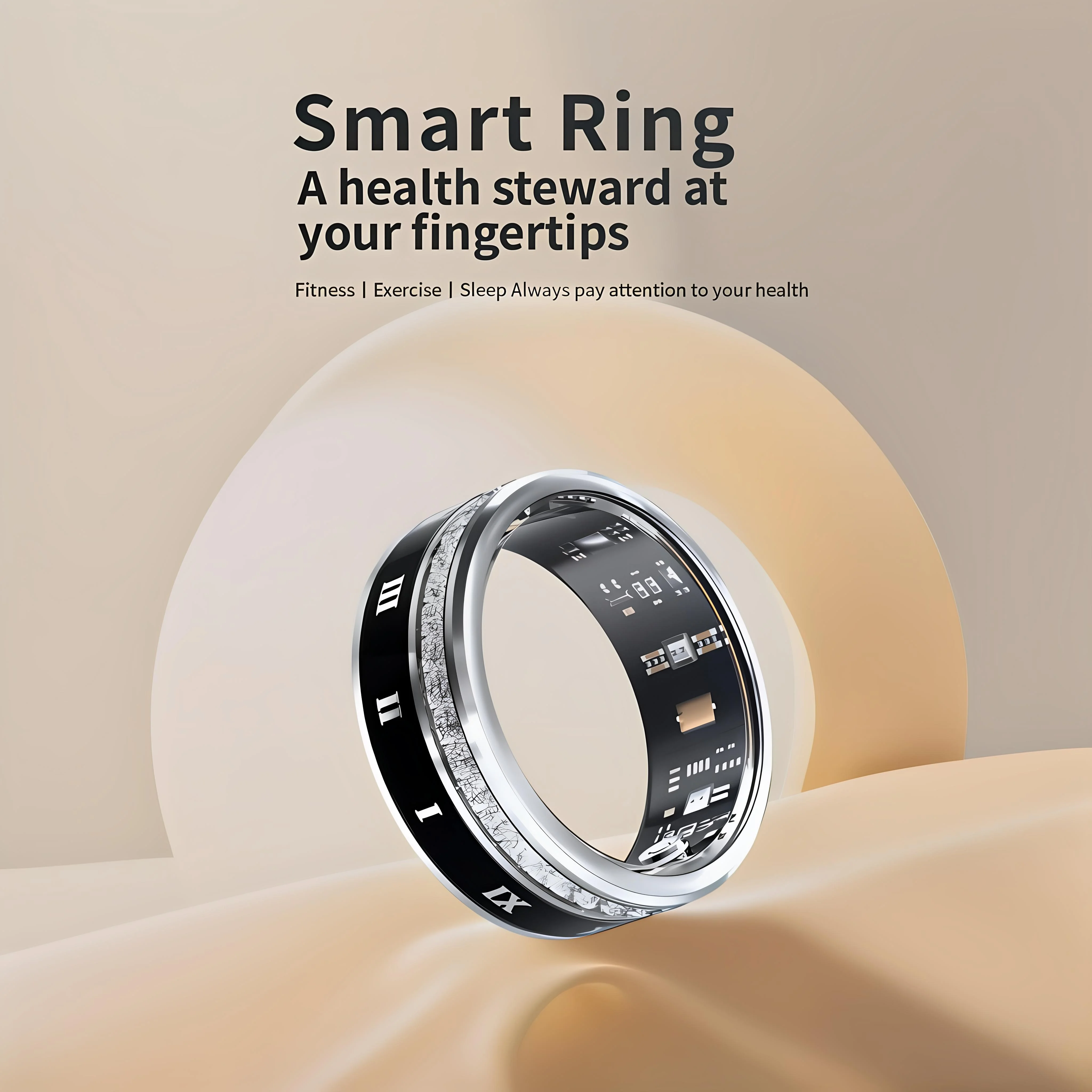 Diamond Inlaid Smart Ring HeartRate HealthMonitor, Blood Oxygen Waterproof Multi-sport Mode Smart Tracker for Iphone Android V2