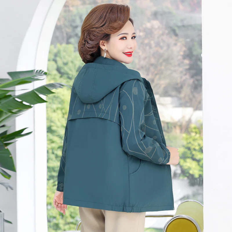 Klassische Outdoor-Kapuzenjacke, Herbst, Übergröße, neue Jacke, Damen, bedruckt, modische Straßenjacke mittleren Alters