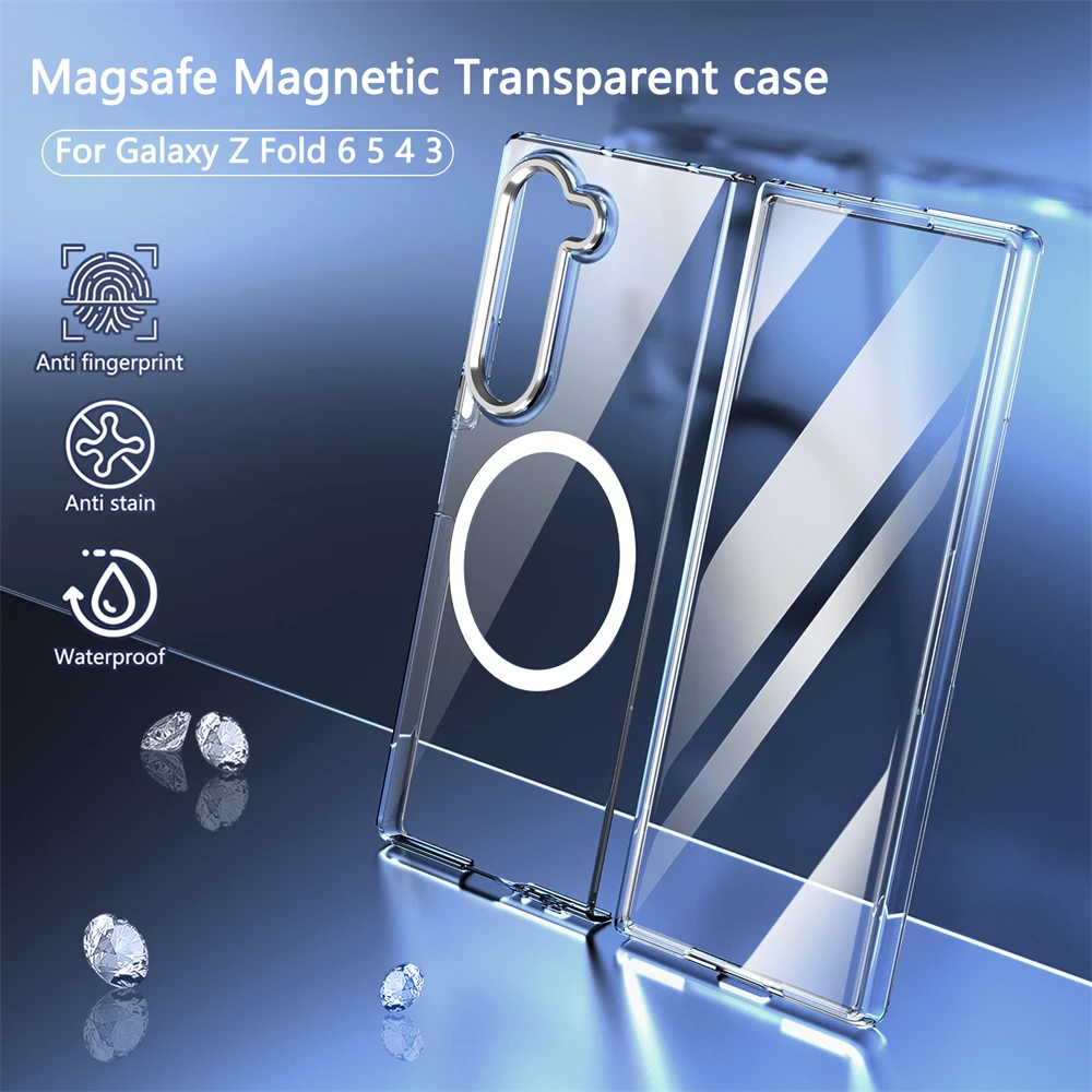 

Magsafe Magnetic Transparent Phone Case For Samsung Galaxy Z Fold 6 5 4 3 5G Outer Screen Glass Metal Lens Protection Hard Cover