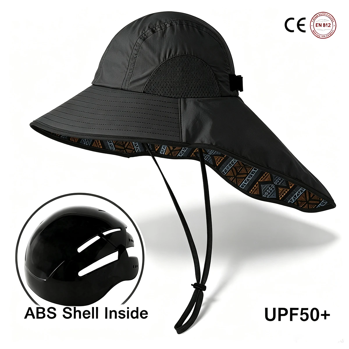 UPF50+ Cycling Protective Hat with Built-in ABS Safety Shell EN812 Wide Brim Sun Hat with Neck Flap for Fishing Hiking Outdoor