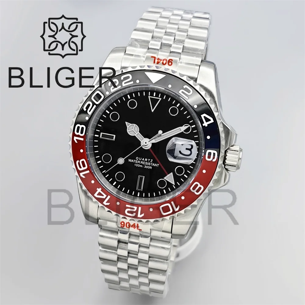 BLIGER 40 مللي متر GMT ساعات رجالية 100 متر مقاوم للماء شعار مخصص السيراميك الياقوت الزجاج الفولاذ المقاوم للصدأ الأعمال التلقائي ساعة رجالية