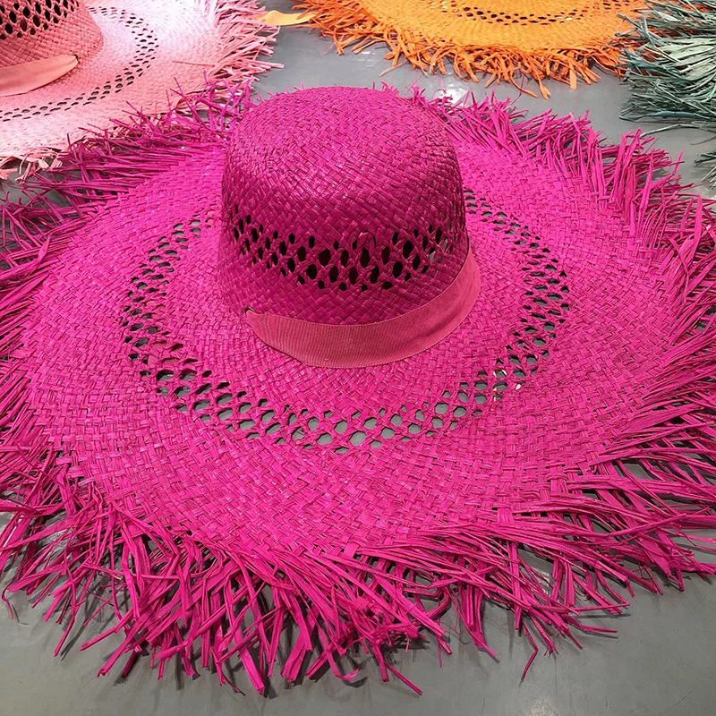 Big Brim Beach Hat For Women Summer Seaside Raffia Straw Hat Travel Vacation Visor Sun Hat Women\'s Hat With Colored Raw Edges
