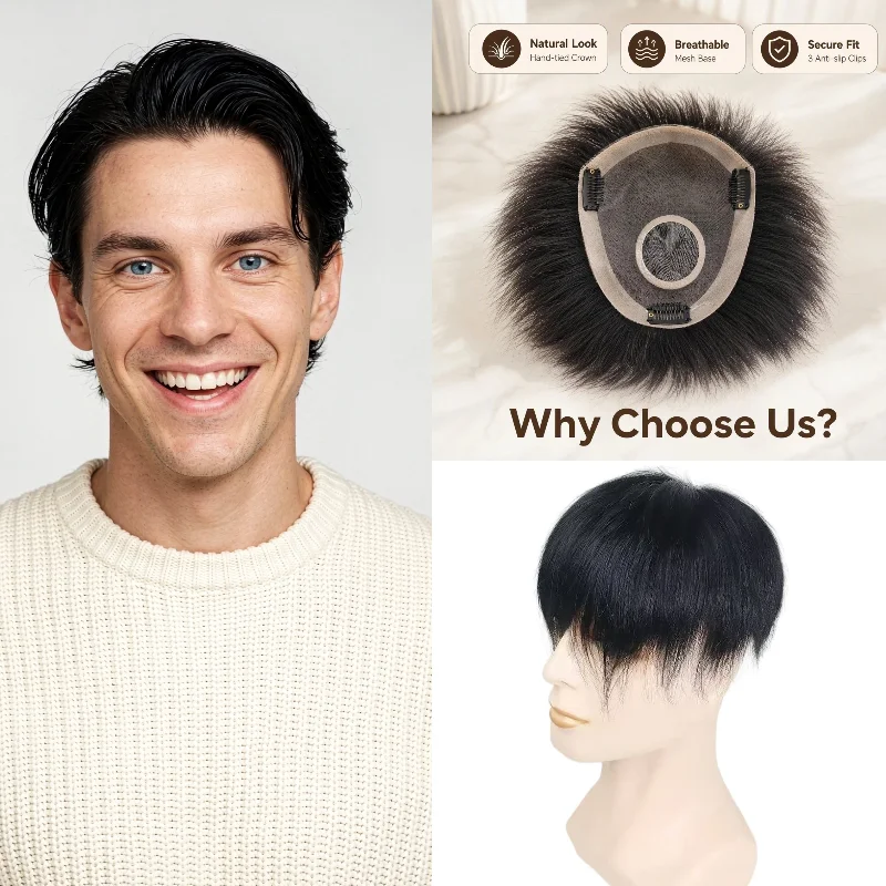 Men Hair Replacement System Hand-Woven Lace PU Base Clip On 100% Human Hair 16x18cm Breathable Graduated Crown