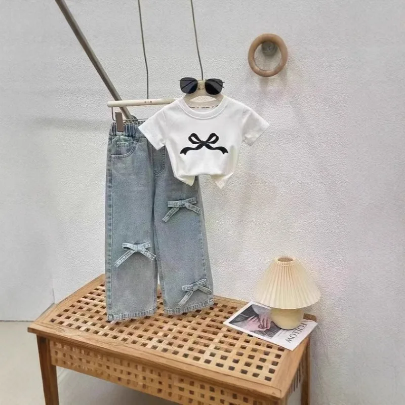 New Summer Kids Stylish Clothes Set 3-7 Years Old Girls Bow Short Top +Solid Color Straight Leg Jeans Children Outfit 2PCS