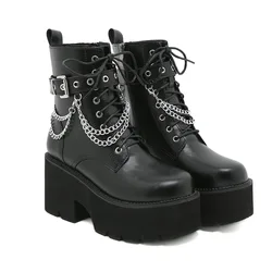 Women Platform Shoes Black Gothic Buckle Pu Leather Woman Creeper Punk Shoes Female Black Ankle Short Combat Boots for Women