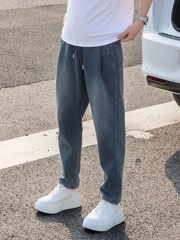 

Retro Starry Night Denim Pants Loose Straight Cut Trousers American Sle Casual Wear Youth Faion Spring Season Cotton Blend