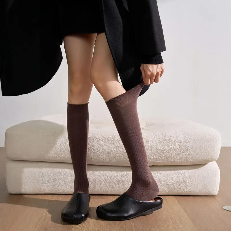 Women's 240‑Needle High Density Wool Socks, Fall Winter New Anti‑Pilling Japanese‑Style Ins Slim Long Calf Socks, Luxury Casual