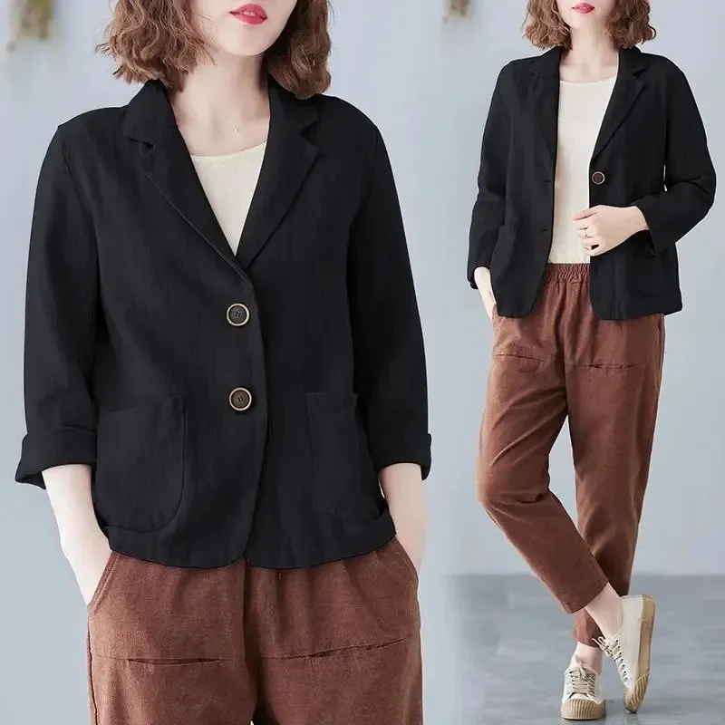 Ladies Cotton Linen Blazer Outerwear Korean Female Short Long Sleeved Suit Coat Spring Autumn Women Loose Fitting Blazer Jacket