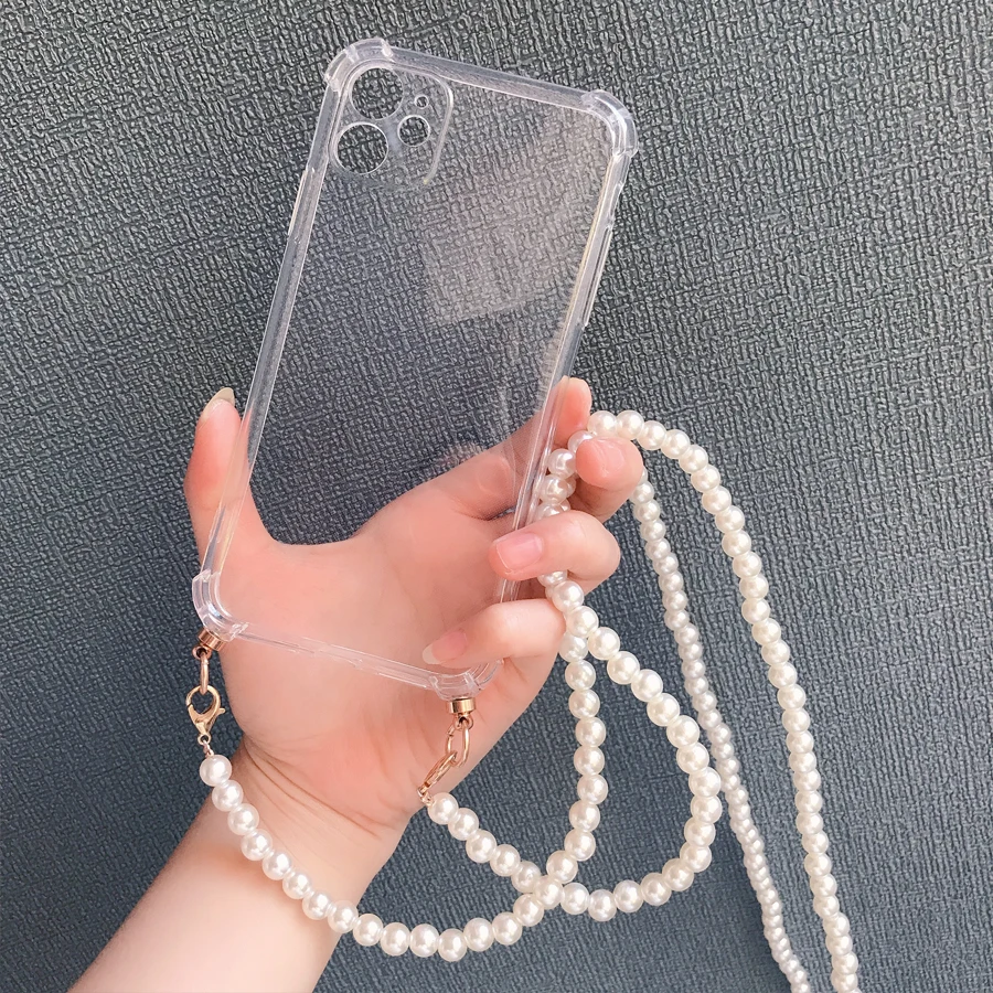 Pearl Crossbody Strap Lanyard Transparent Case For Samsung Galaxy S23 S24 S22 S21 S20 FE S9 S10 S20 Ultra Note 20 10 Plus Cover