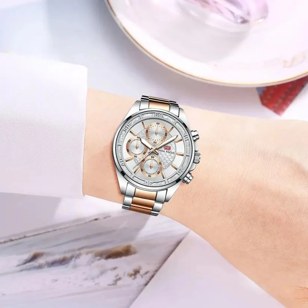 MINI FOCUS 0615L Luxury Diamond Quartz Watches for Women Waterproof Calendar Luminous Chronograph Steel Strip Reloj Mujer