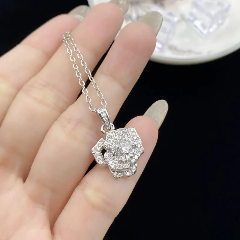 

Micro Pave Full Diamond Light Luxury Rose Flower Ring for Women, Earrings, Pendant, Elegant Versatile Ins Camellia Jewelry
