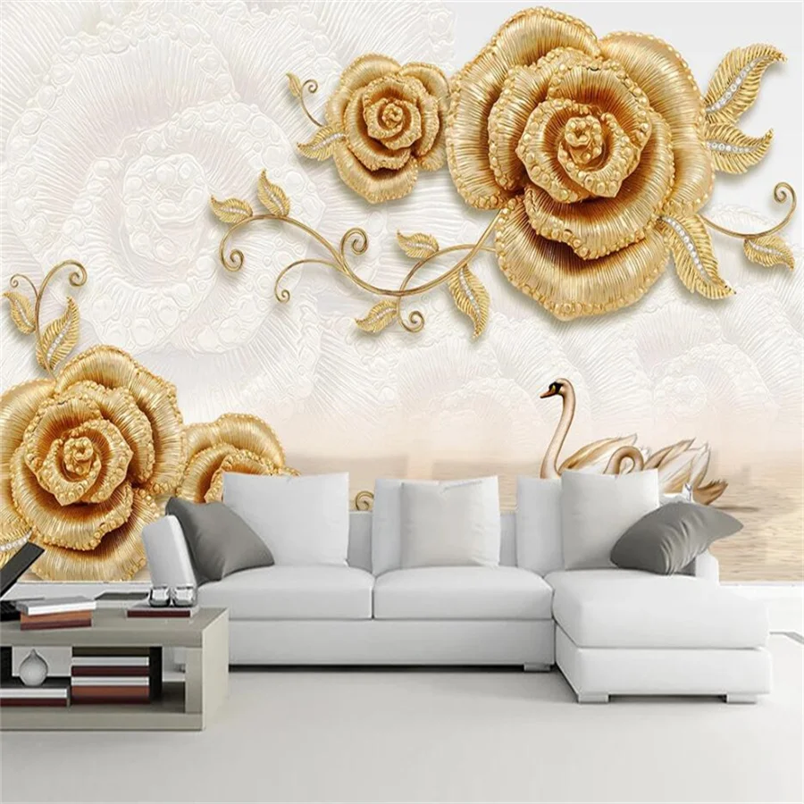 

Custom wallpaper 3D stereo photo mural exquisite European golden rose luxury pearl light TV background wall papers home decor 3d