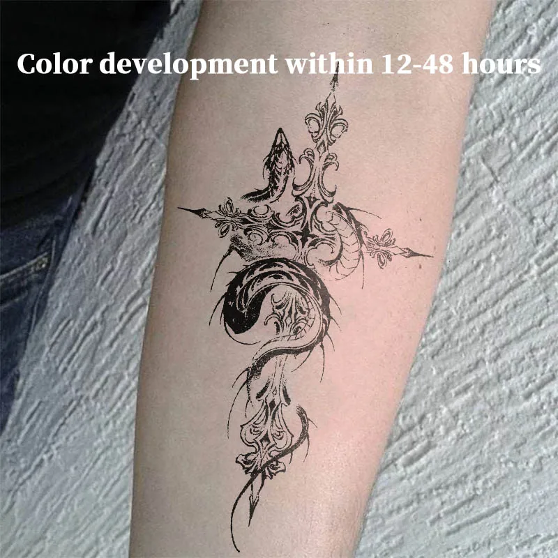 Ornate Gothic Cross Wrapped Dragon Herbal Juice Tattoo Sticker Waterproof Fake Body Tattoo Unisex Thigh Dark Punk Body Art Decal