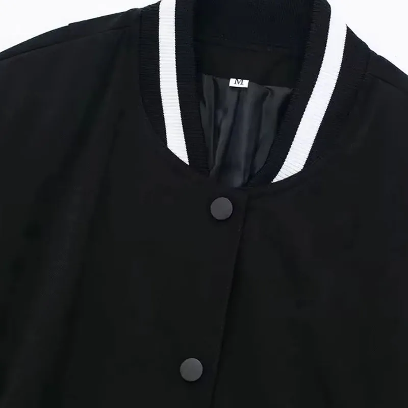 Moda 2025 chaqueta Bomber Lisa negra para mujer, abrigo recortado con botones de manga larga, Tops Retro Chic para mujer, ropa de calle para mujer