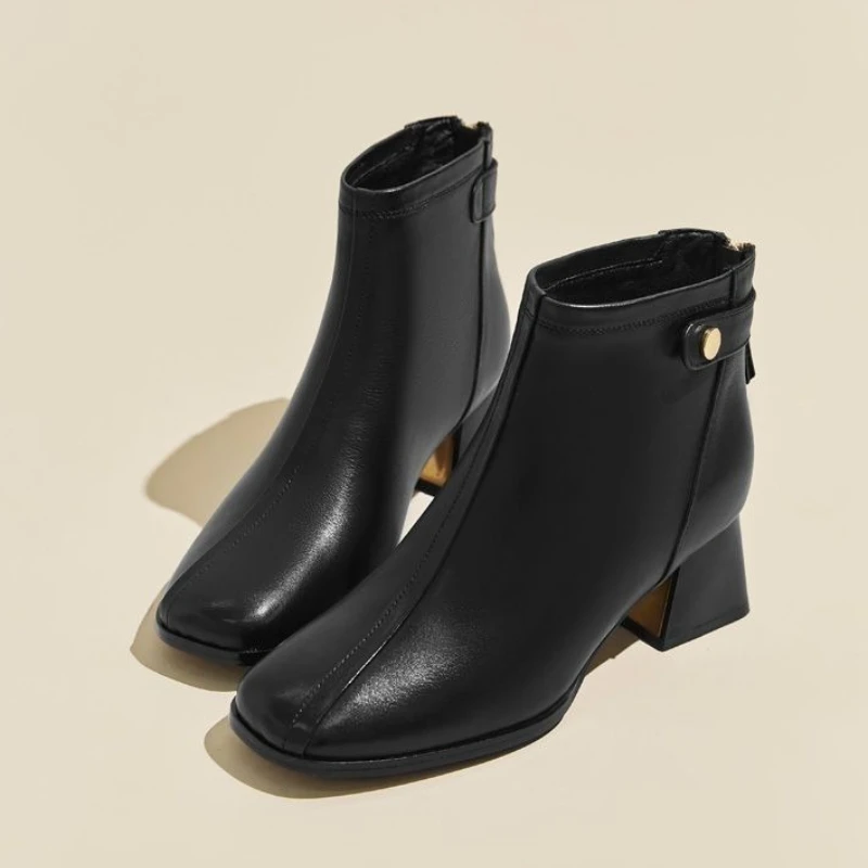 

Woman Short Shoes Plain Square Toe Fleece-Lined Booties Autumn Winter Designer Luxury New Rock On Offer Pu Ankle Boots for Women