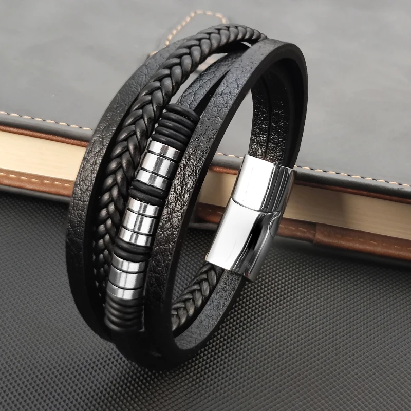 Leather Bracelet Men Jewelry Stainless Steel Magnet Buckle Multi-layer Braided Rope Beading Bracelet Fashion Charm Jewelry