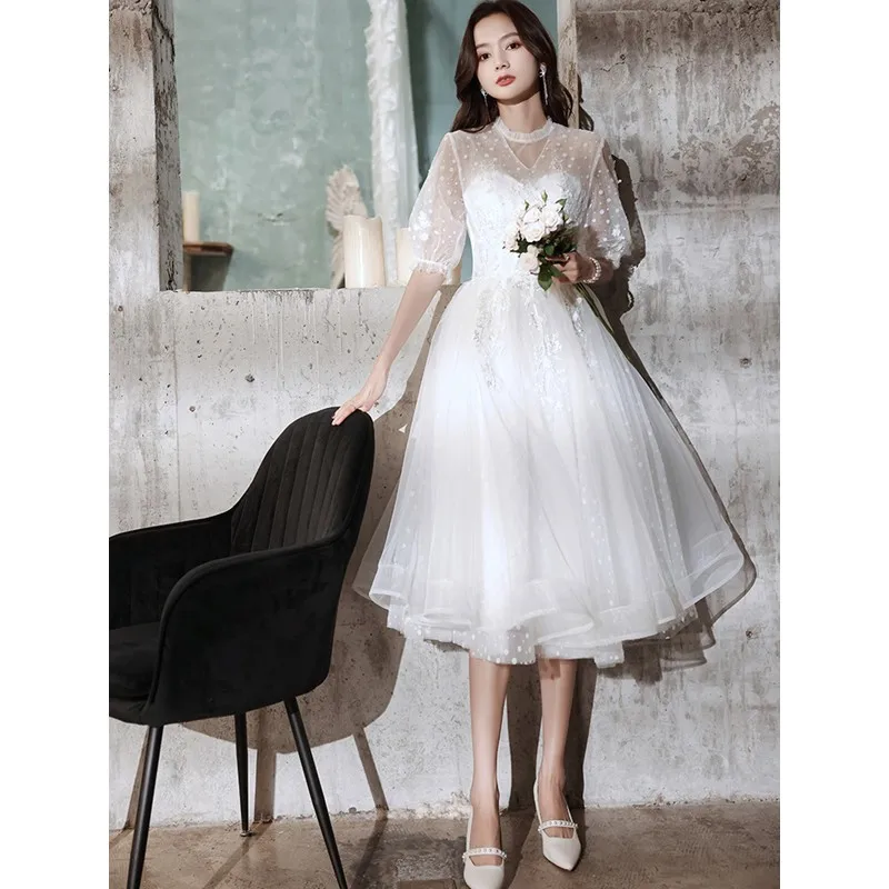 

Illusion V-neck Short Evening Dress Off White Tulle Vestido De Festa With Sleeves Simple Elegant Ever Pretty Suknia Wieczorowa