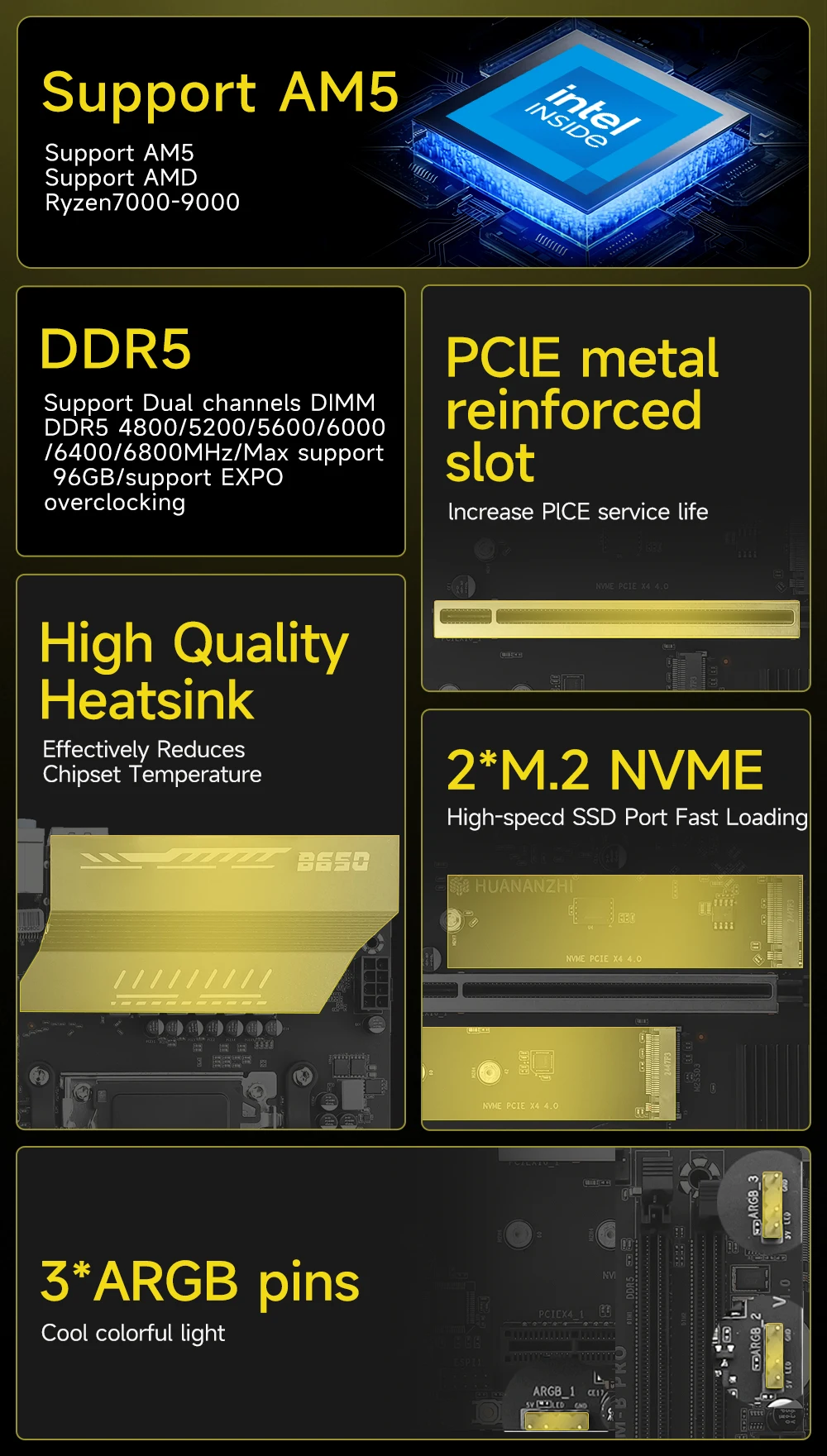 HUANANZHI B650M B PRO AMD AM5 Motherboard Mendukung Ryzen R5 R7 7000 8000 9000 Seri M.2 NVME WIFI Dual Channel DDR5 EXPO RAM