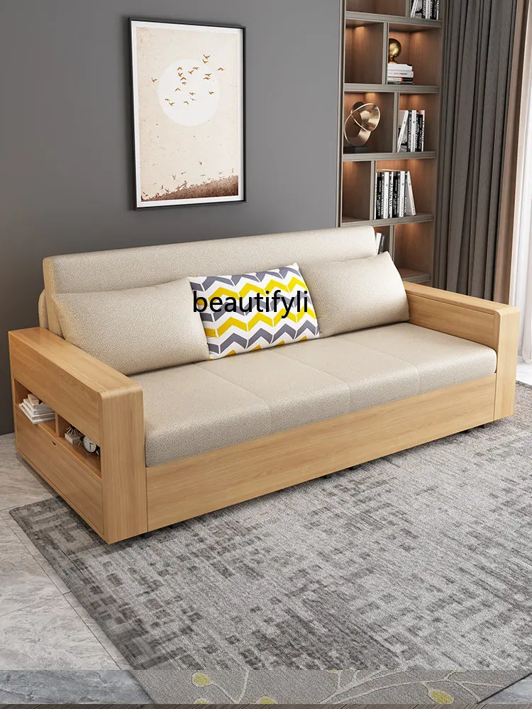 Solid Wood Sofa Bed Faux Leather Nordic Simple Living Room Multifunctional Foldable Retractable Single Double