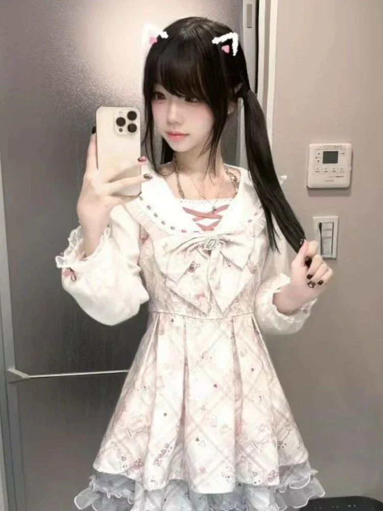 فستان صيفي نسائي حلو لطيف ونحيف كاواي أنيق مطبوع بفيونكة رفيعة وأكمام طويلة تصميم نسائي ملابس جديدة جميلة وجميلة