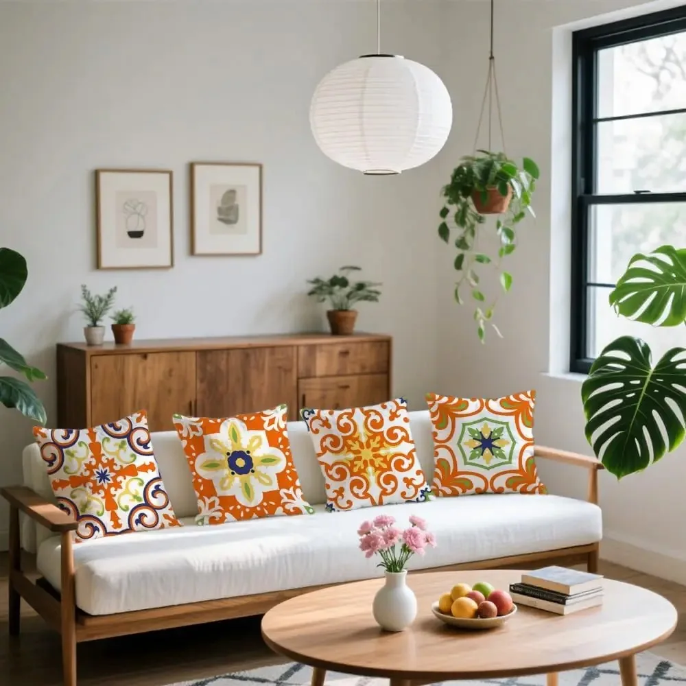 

Outdoor Pillow Covers Set of 4 Morden Orange Geometric Patterns Waterproof Throw Outdoor Pillows Boho Decorations for Funiture