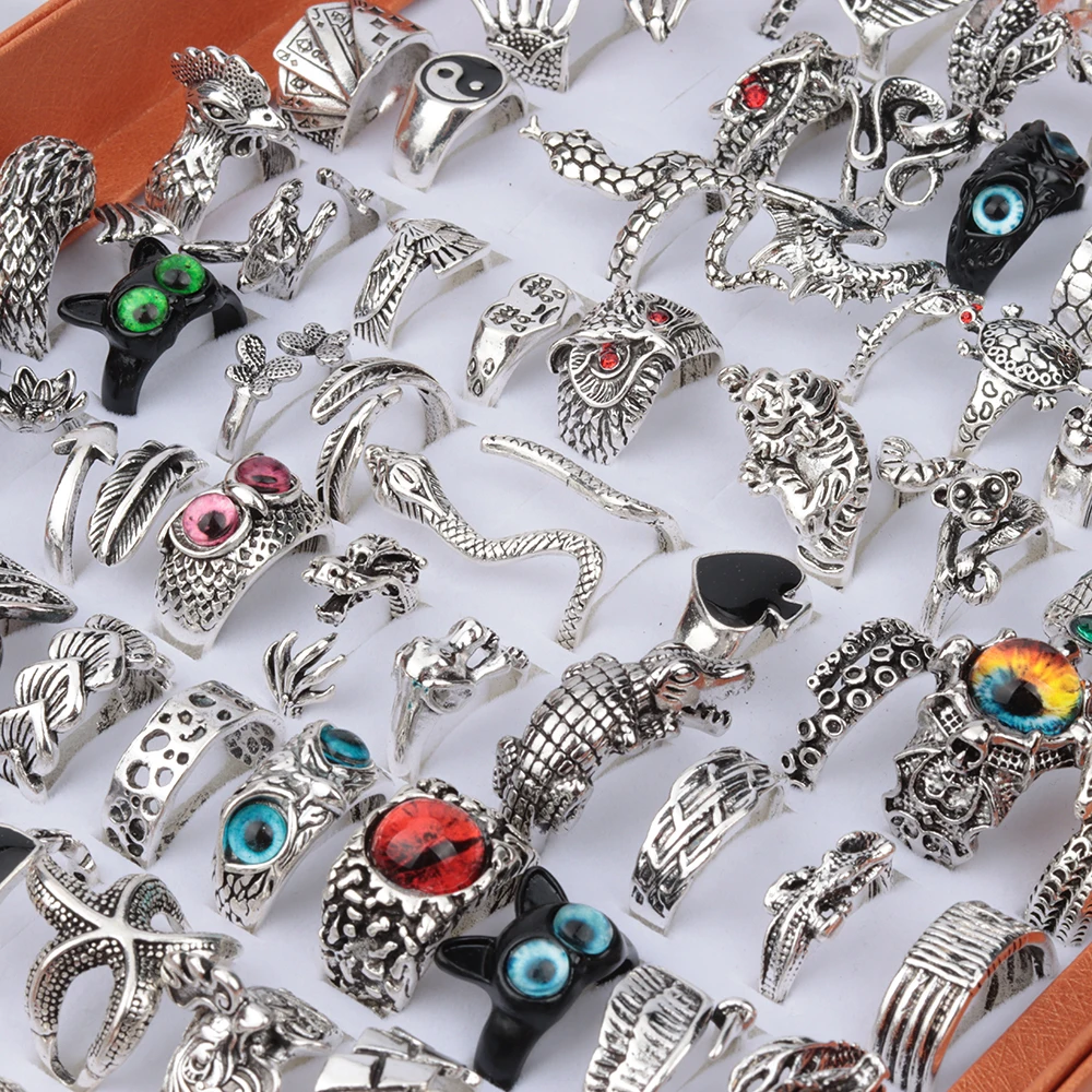 20 Pieces/Lot Vintage Punk Snake Rings for Women and Men Dragon Animal Devil\'s Eye Adjustable Mix Hip Hop Gothic Charm Jewelry