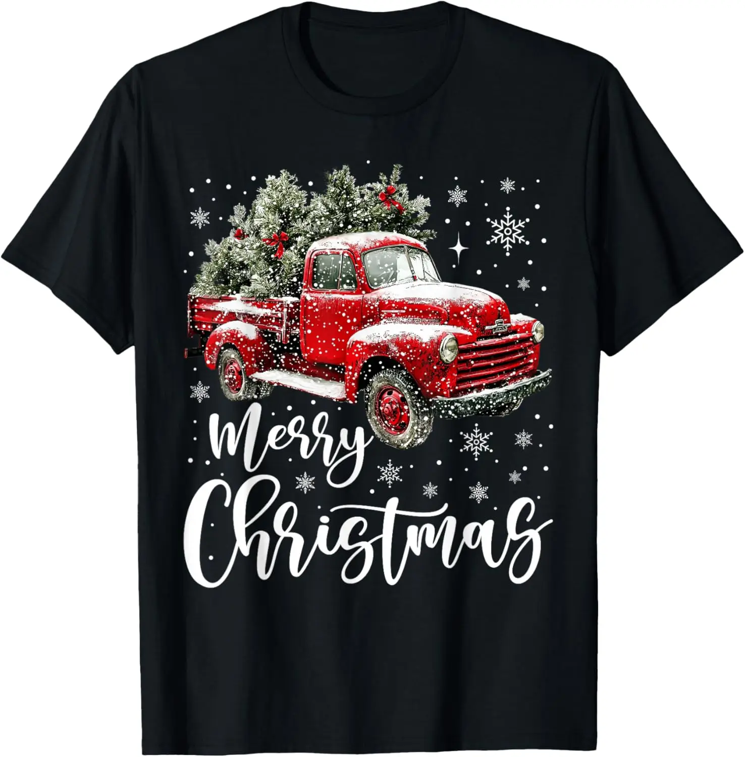 Merry Christmas Red Truck Family Matching Christmas Graphic Tshirts Crewneck Regular Short Sleeve Casual Style Adult Unisex